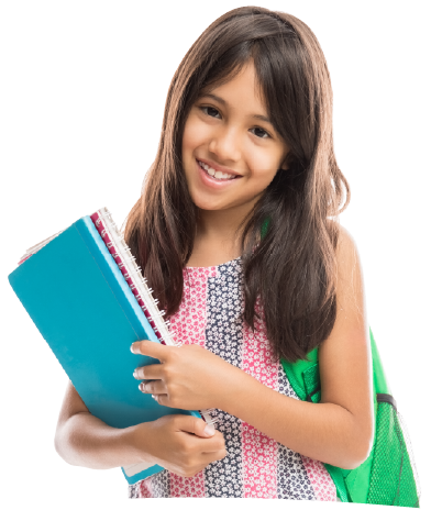 Sweet girl holding colorful books and wearing green bag