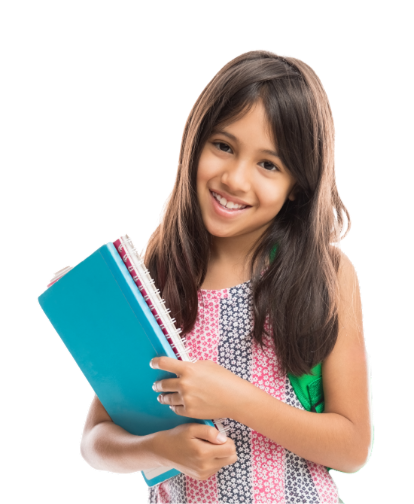 Sweet girl holding colorful books and wearing green bag