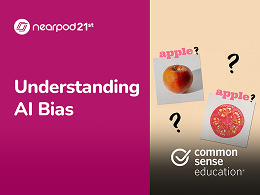 An image of an apple and a tomato labeled ‘apple?’ with question marks, highlight confusion and AI bias. The title next to the images reads, “Understanding AI Bias.”