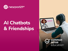 A student engages with a friendly AI chatbot on a laptop. The screen reads “You can talk to me!” The title next to the image reads, “AI Chatbots & Friendships.”