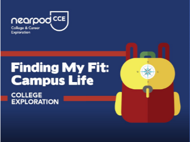 A backpack graphic with a compass on it and the title of “Finding My Fit: Campus Life”. 