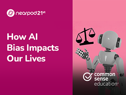 An image with a robot holding a justice scale against a pink background. The title text reads, “How AI Bias Impacts Our Lives.”