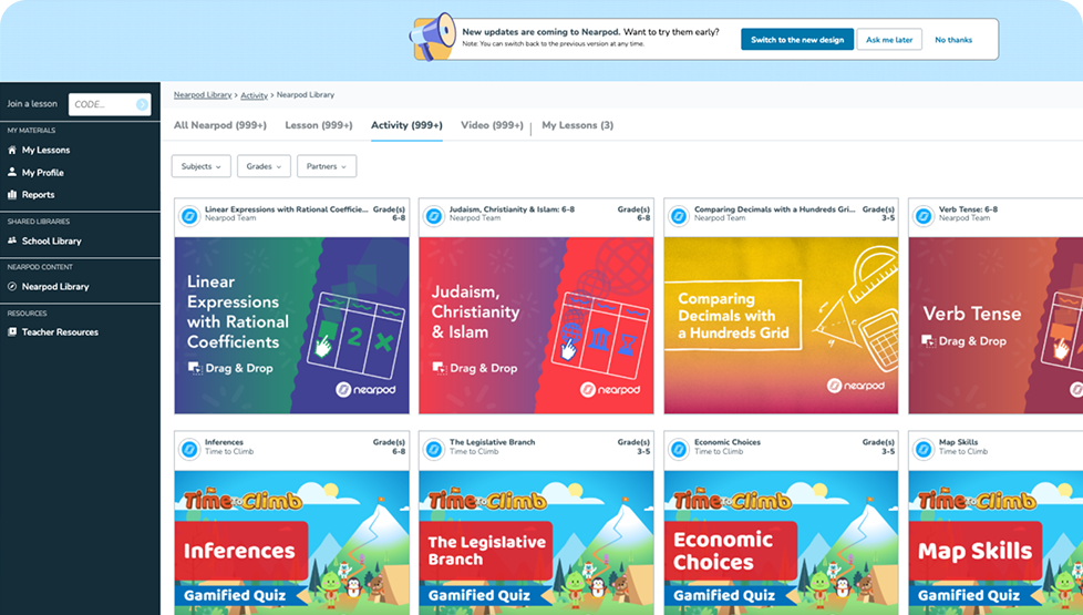  Image displaying the in-product Nearpod dashboard library, showing ready to use lessons.