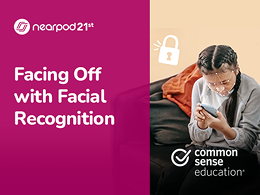 Facing Off with Facial Recognition An image of a girl looking at her phone with concern, overlayed with a lock icon and data points on her face indicating facial recognition. The title reads, “Facing off with Facial Recognition.”