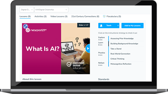 Laptop image featuring the question "What is AI?" in bold letters against a colorful backdrop. Nearpod laptop