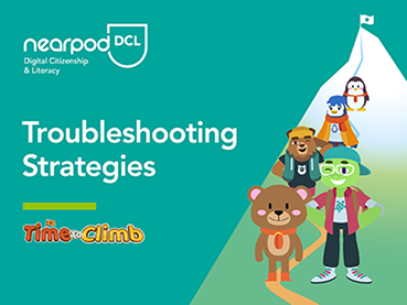 Nearpod’s social and emotional learning - Troubleshooting strategies Five cartoon animals, including a bear and a penguin, stand on a path toward a mountain. Text: "Troubleshooting Stratgies" and "Time to Climb."
