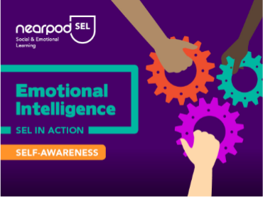 Nearpod’s social and emotional learning lesson Graphic showing gear wheels and hands intertwined, representing the connection between self-awareness and emotional intelligence with the title of Emotional Intelligence.