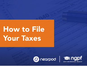 Nearpod’s digital citizenship lesson Visual guide illustrating the process of filing taxes, featuring tax forms and a calculator with the title, How to File Your Taxes.