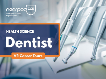 Virtual Reality - dentist earpod CCE logo featuring dental tools, highlighting “Health Science Dentist VR Career Tours.”