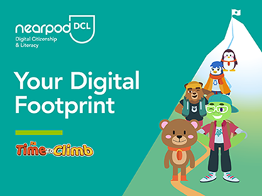 Five cartoon animals, including a bear and a penguin, stand on a path toward a mountain. Text: "Your Digital Footprint" and "Time to Climb."