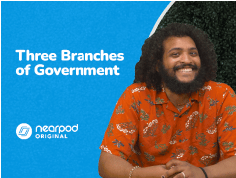 Illustration featuring “The Three Branches of Government” in bold text with technology icons like a keyboard, smartphone, and globe, alongside a person using a laptop.