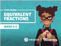 Nearpod SEL slide titled 'Equivalent Fractions' with a vibrant purple background, colorful icons, and a green stylus.