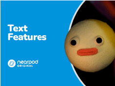 A purple graphic slide titled "Text Features" by Nearpod SEL, with "Thirsty For Art" listed below and background icons related to health and emotions.