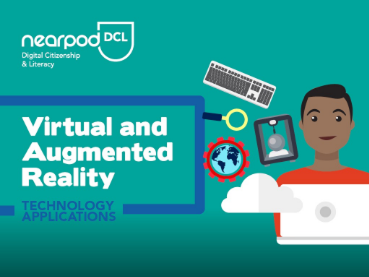 Illustration featuring “Virtual and Augmented Reality” in bold text with technology icons like a keyboard, smartphone, and globe, alongside a person using a laptop.