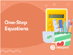 Five cartoon animals, including a bear and a penguin, stand on a path toward a mountain. Text: "One-Step Equations" and "Time to Climb."