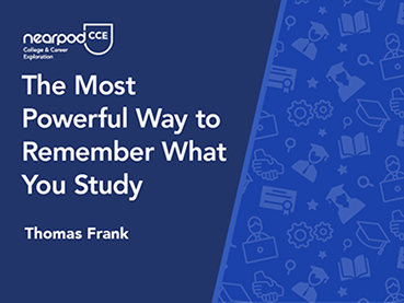 A blue graphic slide titled "The Most Powerful Way to Remember What You Study" by Thomas Frank, featuring Nearpod CCE logo and educational icons.